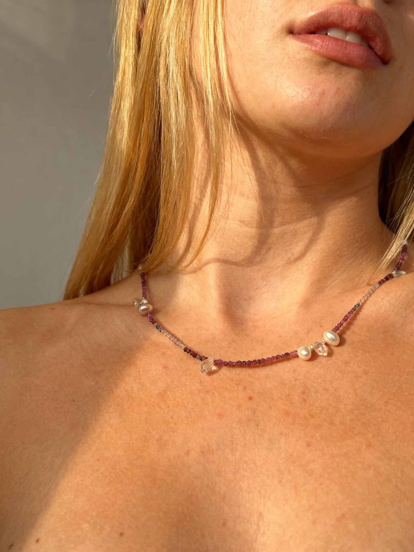 AMELIE - Spinel gemstone necklace with topaz, quartz, and freshwater pearl droplets